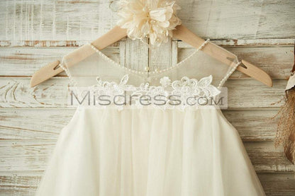 Sheer Neck Ivory Tulle Lace Wedding Flower Girl Dress with Pearls - Flower Girl Dresses