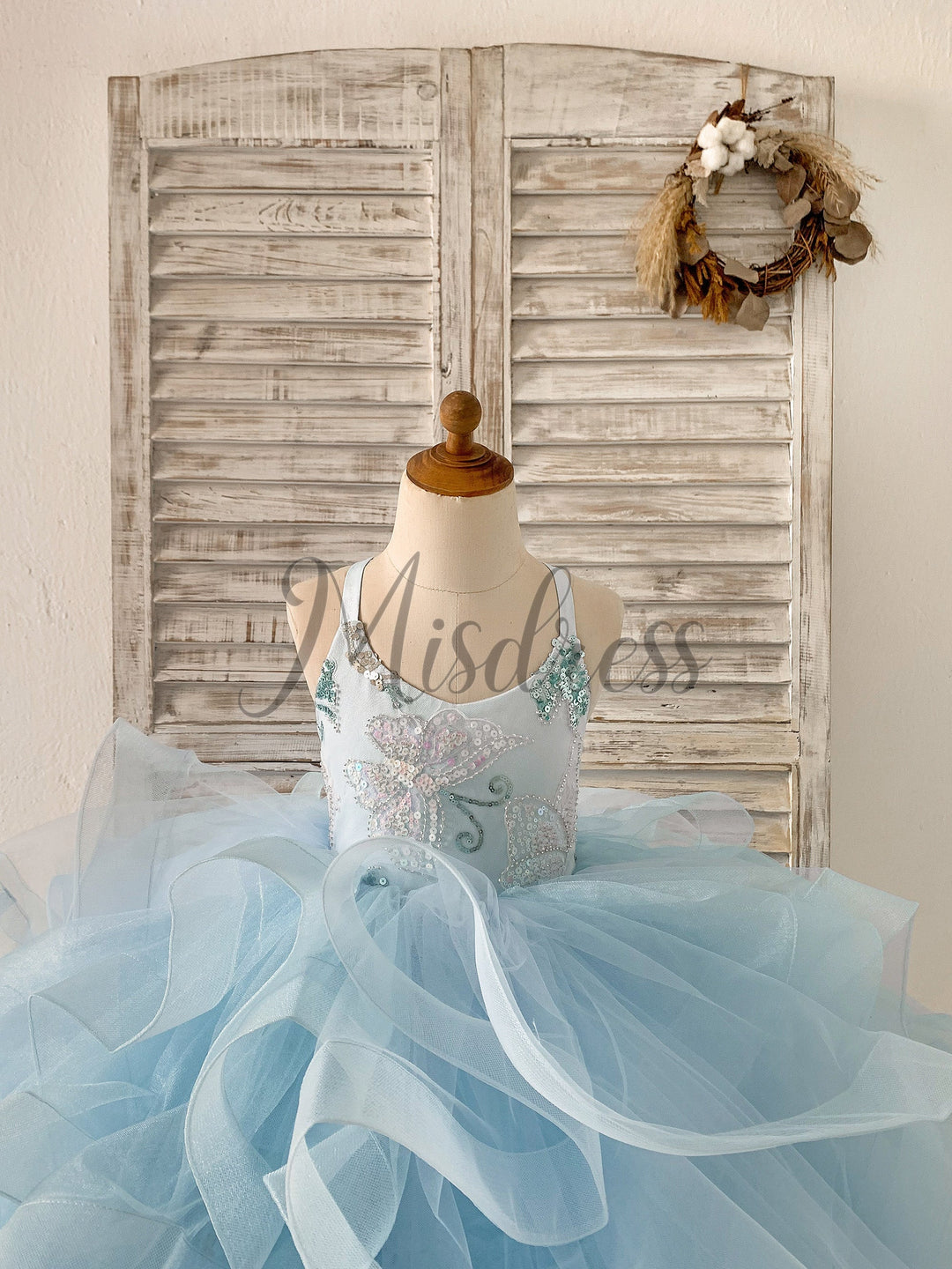 Princess Baby Girl Birthday Dress Beaded Butterfly Light Blue Straps Ruffle  Tulle Horsehair Wedding Flow|, image size:1080x1440