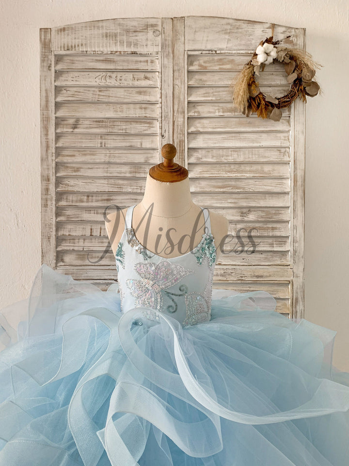 Beaded Butterfly Light Blue Straps Ruffle Tulle Horsehair Wedding Flower Girl Dress 3T