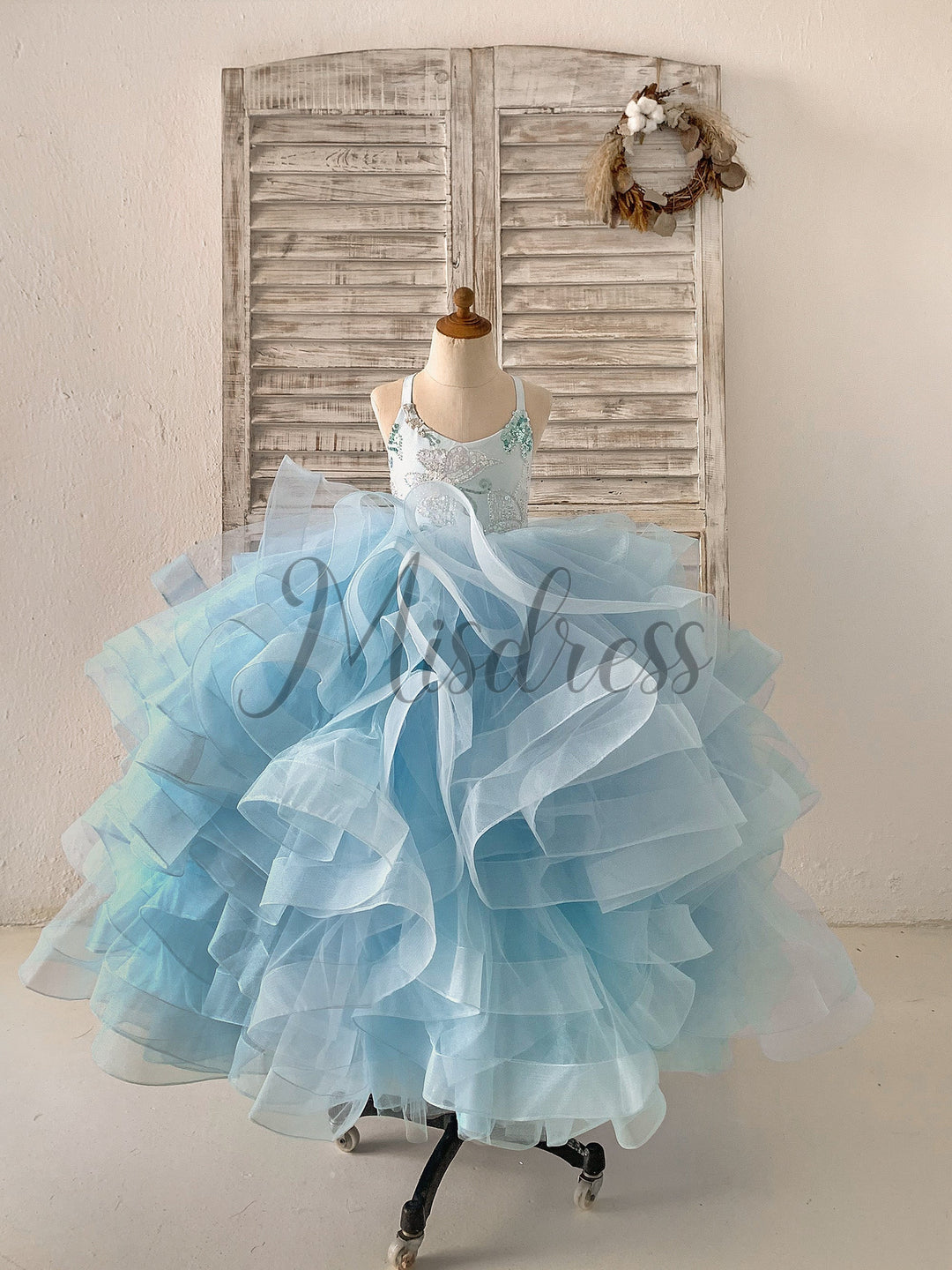 Beaded Butterfly Light Blue Straps Ruffle Tulle Horsehair Wedding Flower Girl Dress 3T