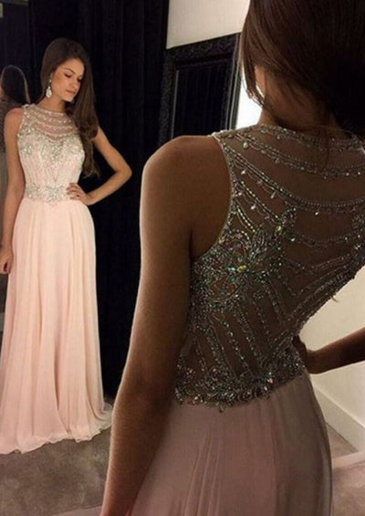 Beaded Crystal Jewel Neck Sleeveless Long Chiffon A-line 