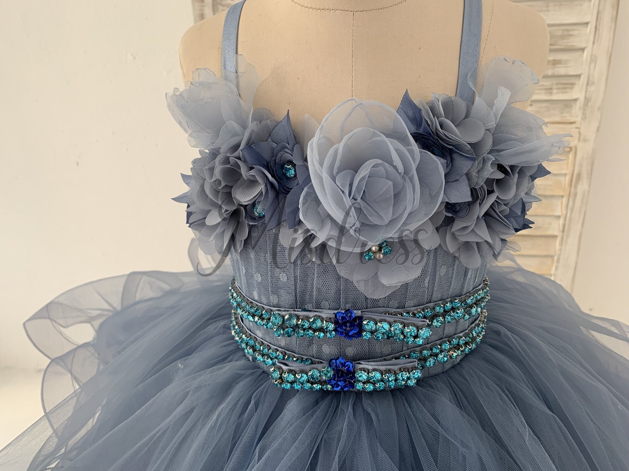 Beaded Dusty Blue Tulle 3D Flowers Ruffle Horsehair Flower Girl Dress 8T Beaded Dusty Blue Tulle 3D Flowers Ruffle Horsehair Flower Girl Dress 8T