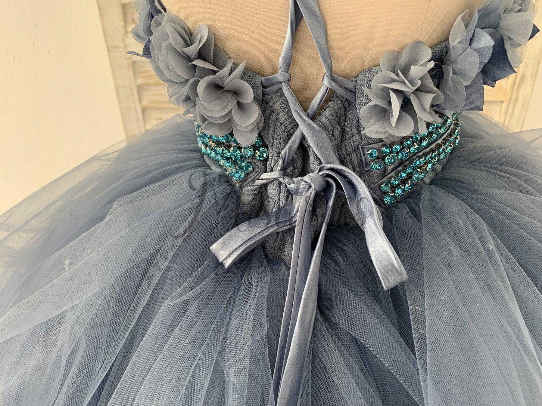 Beaded Dusty Blue Polka Dots Tulle Wedding Flower Girl Dress | Misdress Beaded Dusty Blue Polka Dots Tulle Wedding Flower Girl Dress | Misdress