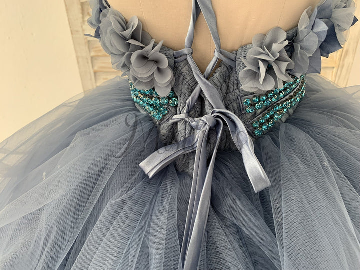Beaded Dusty Blue Tulle 3D Flowers Ruffle Horsehair Flower Girl Dress 8T