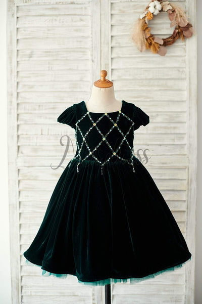 Beaded Green Velvet Corset Back Cap Sleeves Wedding Flower Girl Dress - Flower Girl Dresses