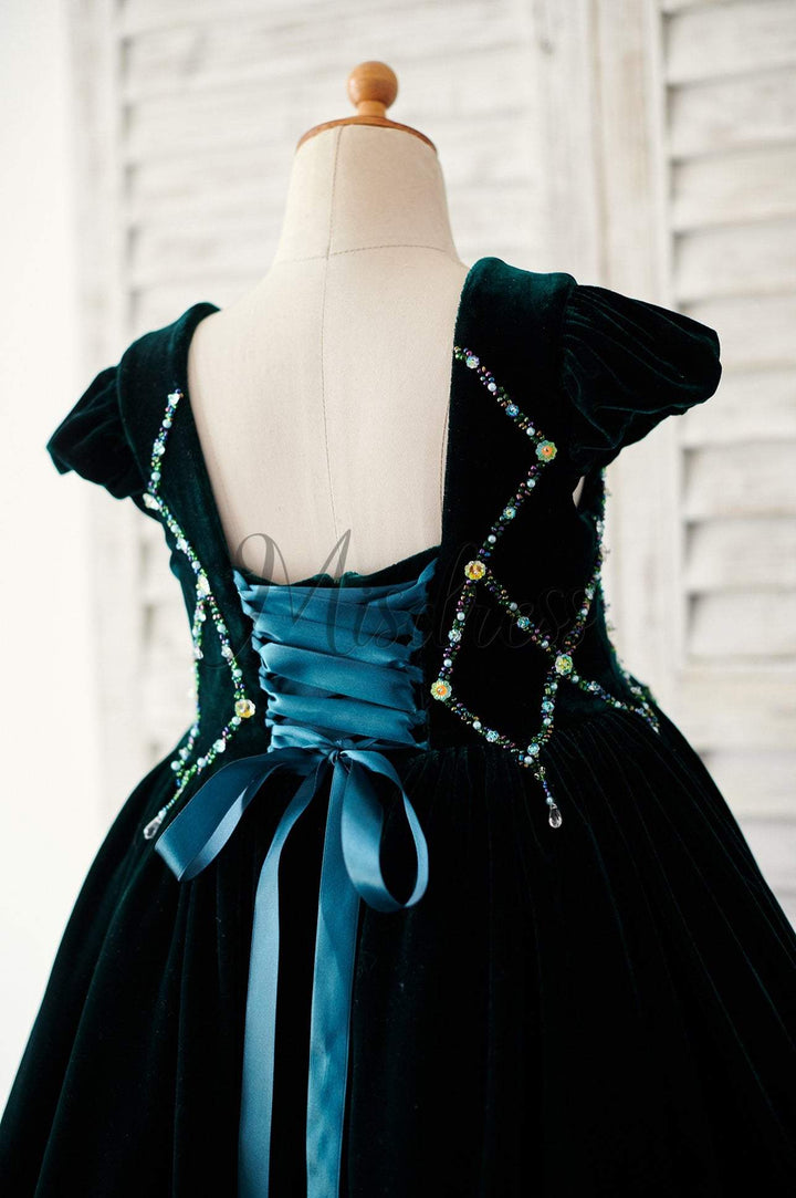 Beaded Green Velvet Corset Back Cap Sleeves Wedding Flower Girl Dress 10T --- Chest = 29 inches/Waist = 28 inches/ Hollow to knee = 30.5 inches