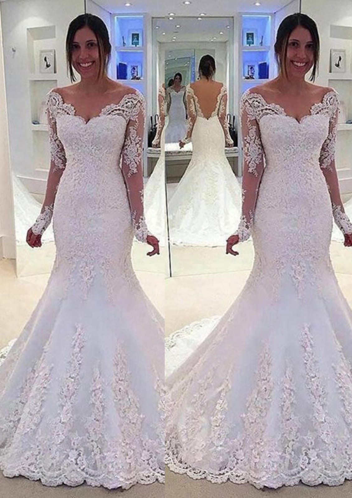 Beading Ivory Lace Court Illusion Sleeve Trumpet Wedding 
