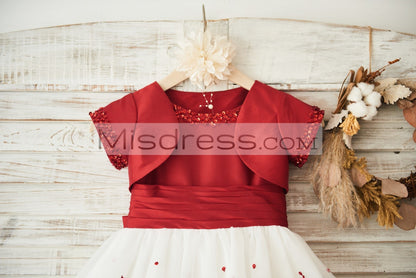 Beaded Red Taffeta Tulle Wedding Flower Girl Dress with Big Bow/Matching Jacket - Flower Girl Dresses