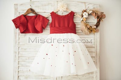 Beaded Red Taffeta Tulle Wedding Flower Girl Dress with Big Bow/Matching Jacket - Flower Girl Dresses