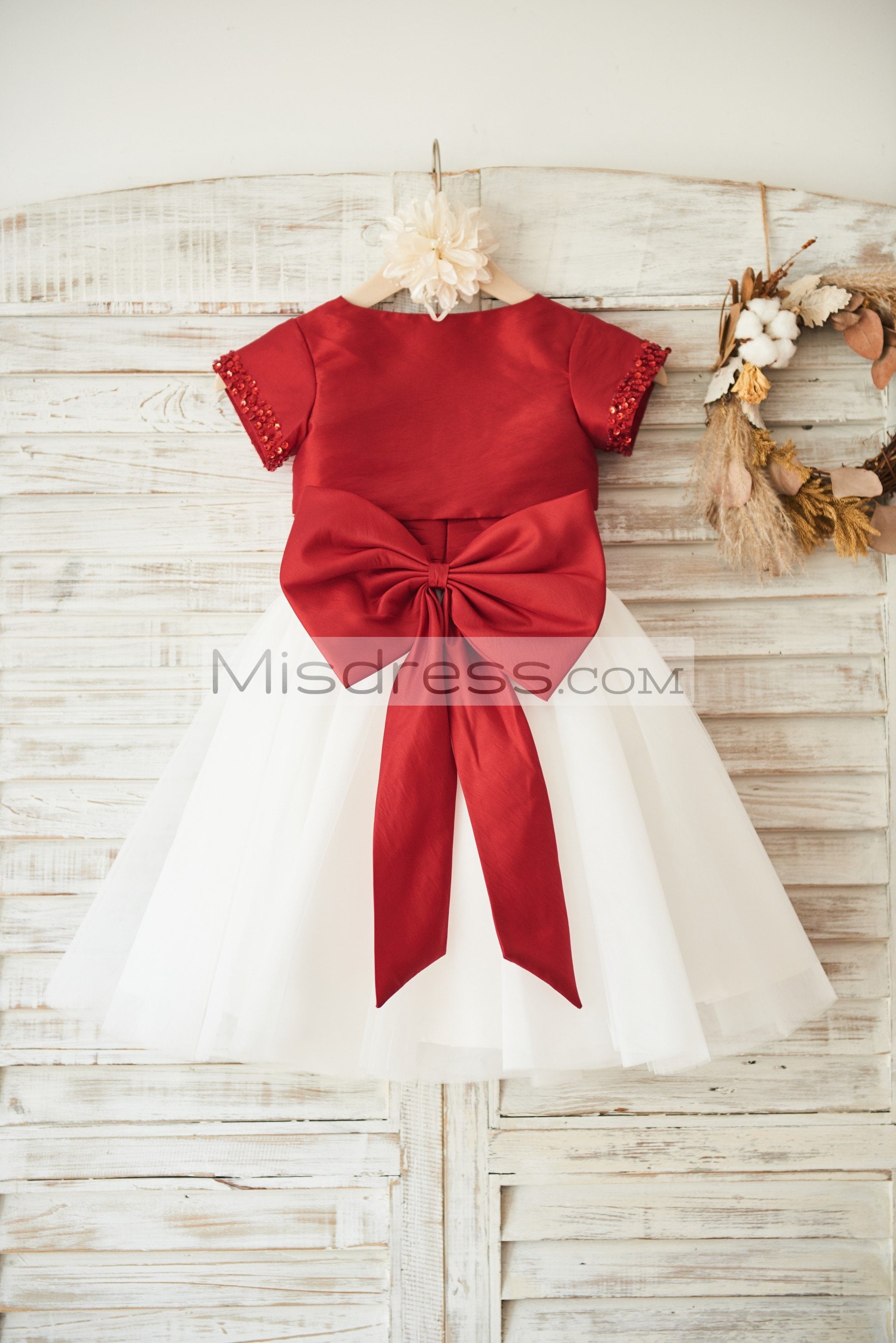 Beaded Red Taffeta Tulle Wedding Flower Girl Dress with Big Bow/Matching Jacket - Flower Girl Dresses