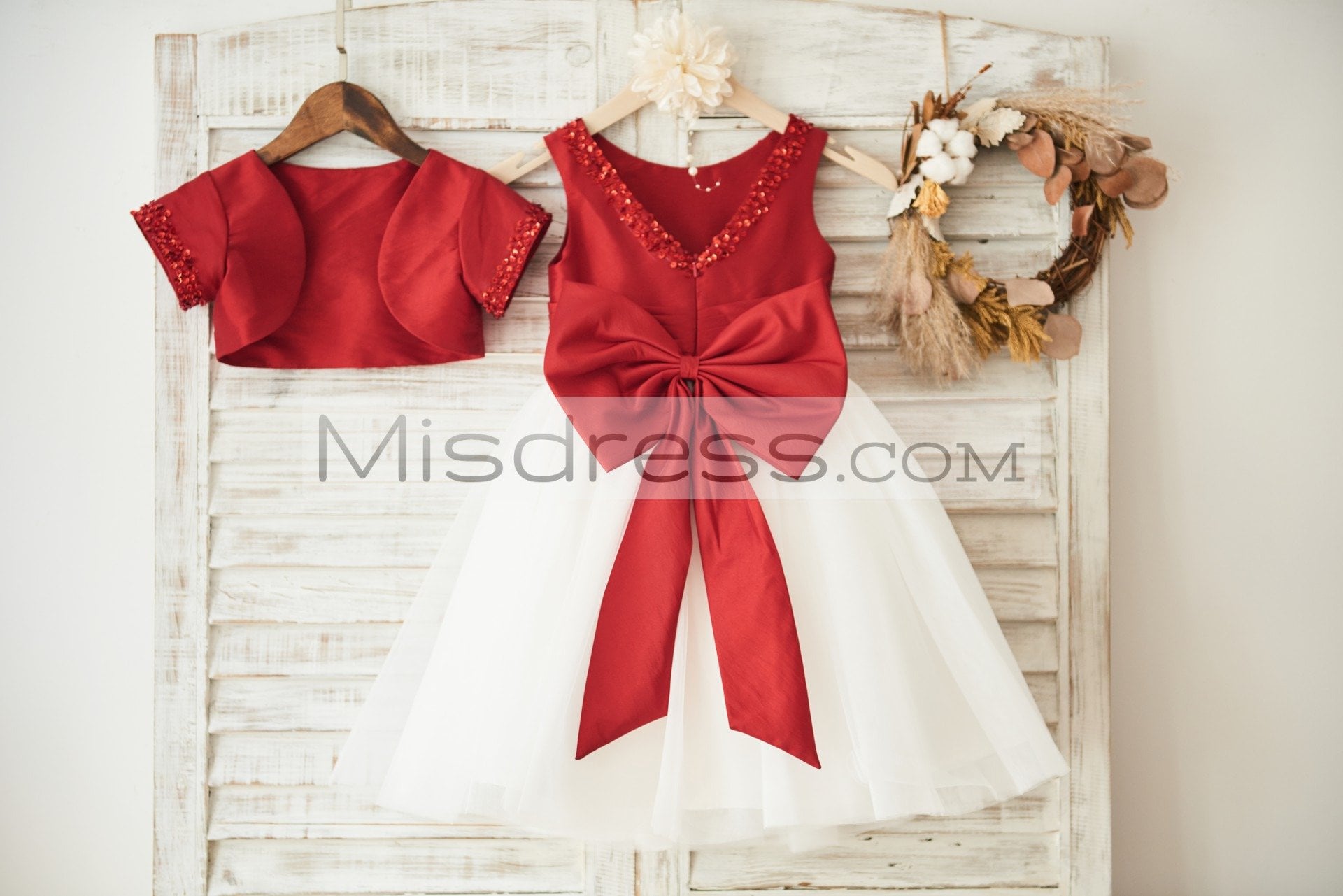 Beaded Red Taffeta Tulle Wedding Flower Girl Dress with Big Bow/Matching Jacket - Flower Girl Dresses