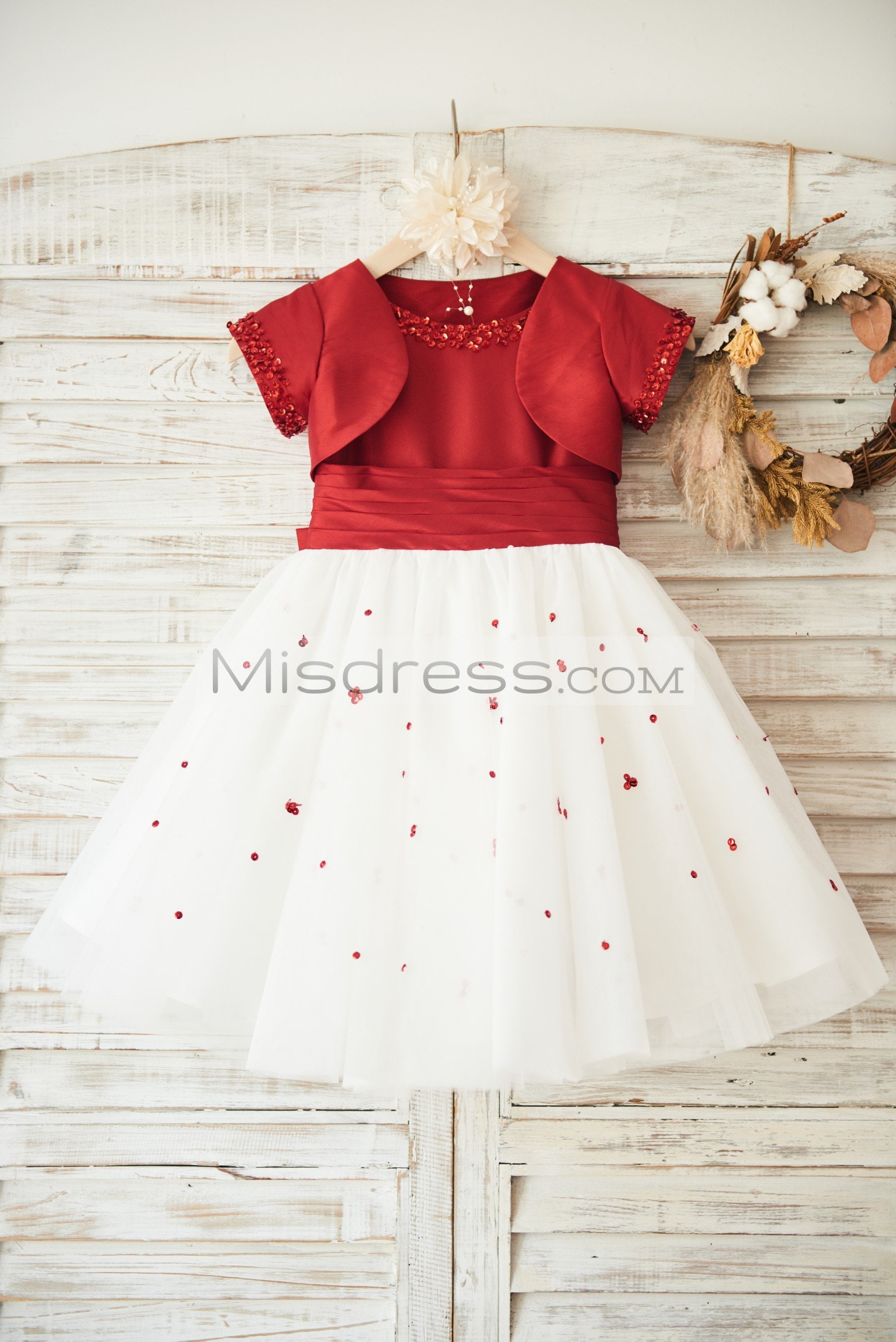Beaded Red Taffeta Tulle Wedding Flower Girl Dress with Big Bow/Matching Jacket - Flower Girl Dresses