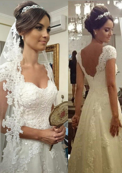 Beaded Scalloped Neck V Back Appliqued Lace A-line Bridal 