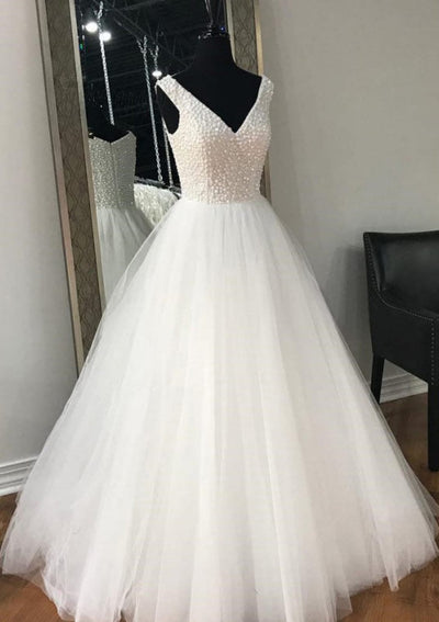 Beading A-line V Neck Sleeveless Floor Length Tulle Wedding 