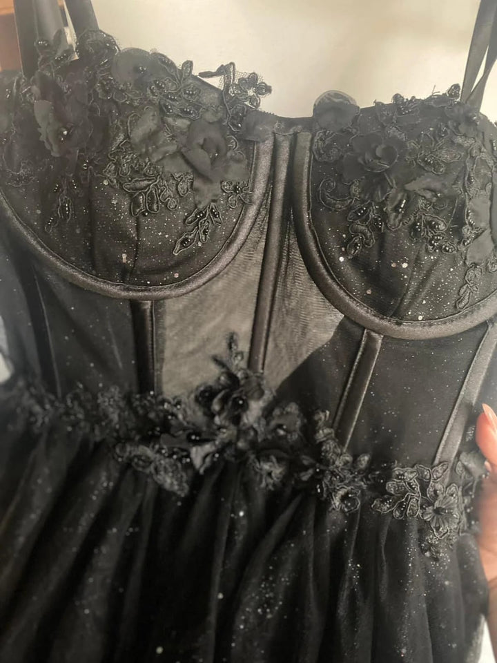 Black Glitter Illusion Corset Straps A-line Split Tulle Wedding Dress | Misdress Black Glitter Illusion Corset Straps A-line Split Tulle Wedding Dress | Misdress