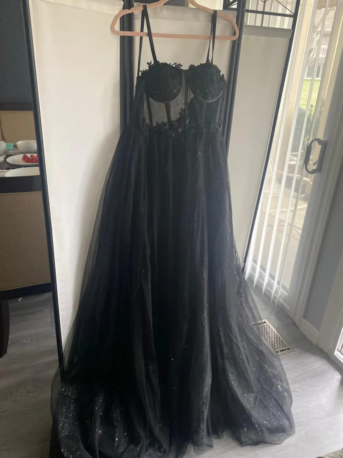 Black Glitter Illusion Corset Straps A-Line Split Tulle Wedding Dress