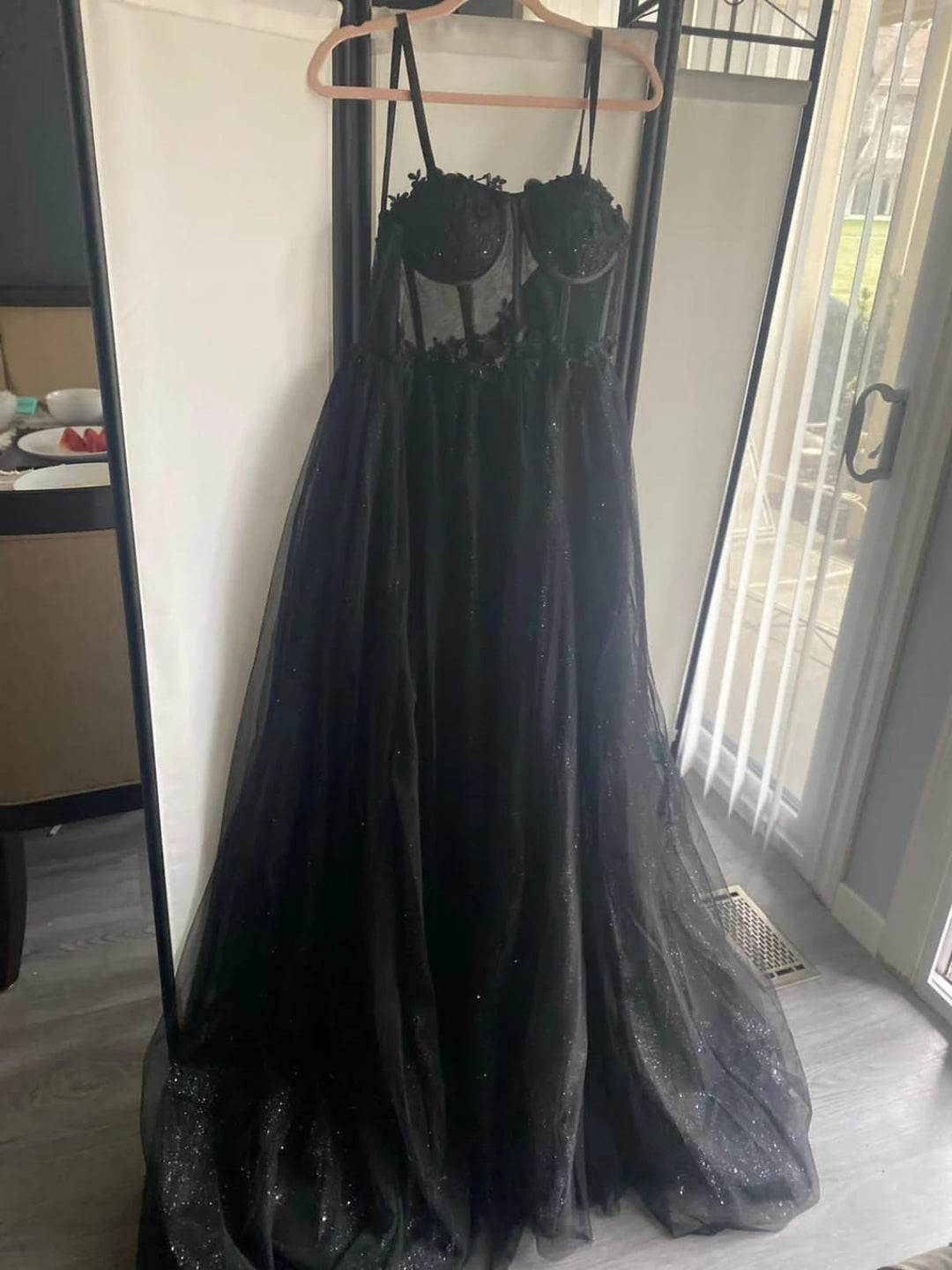 black glitter wedding dress Black Glitter Illusion Corset Straps A-line Split Tulle Wedding Dress