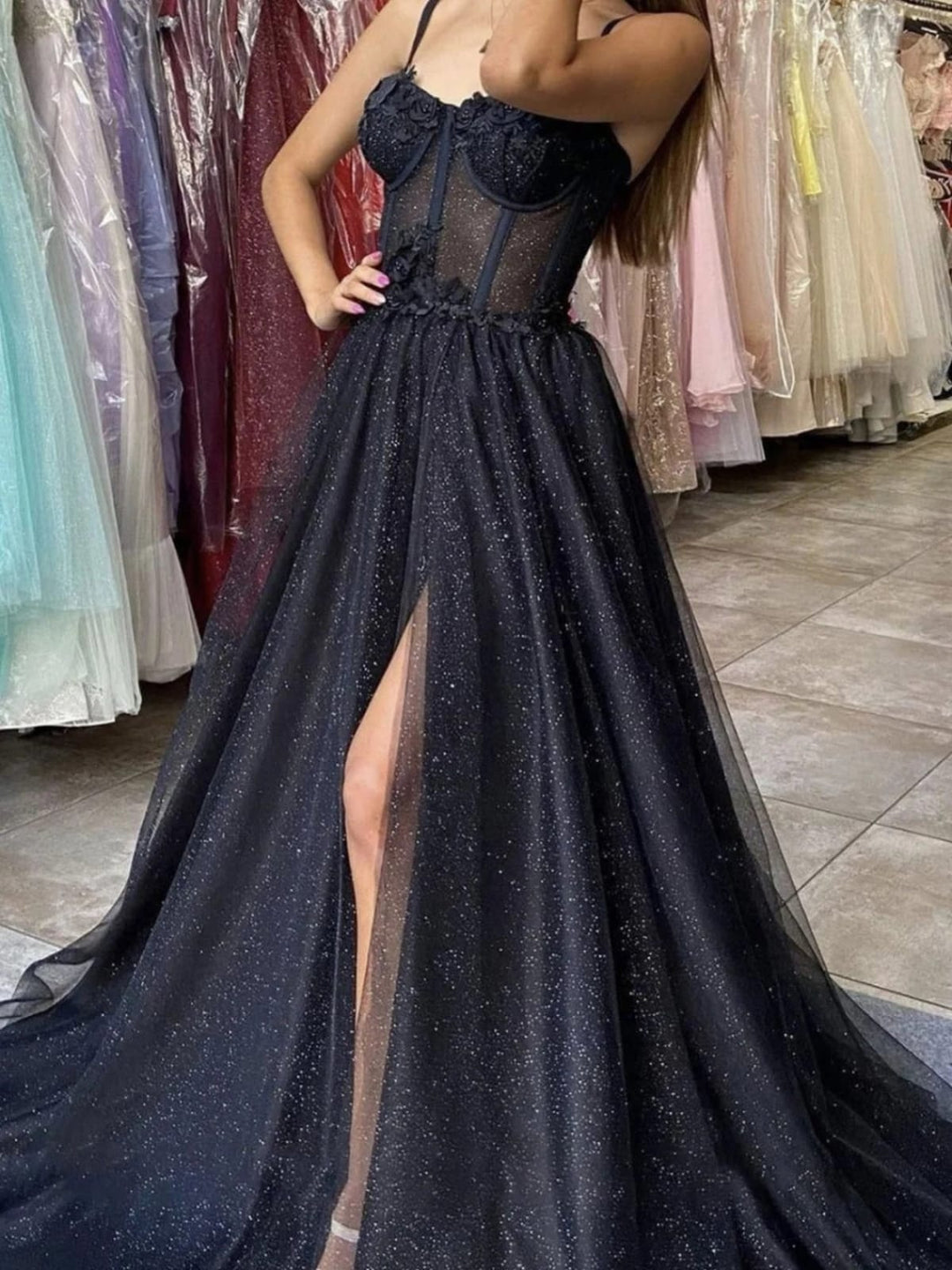 black glitter wedding dress Black Glitter Illusion Corset Straps A-line Split Tulle Wedding Dress
