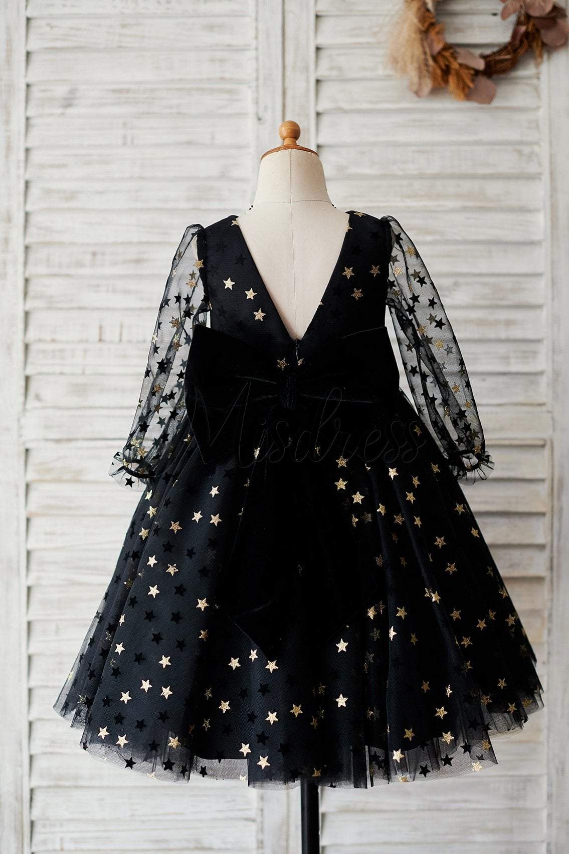 Black Gold Star Tulle V Back Long Sleeves Wedding Flower Girl Dress - Flower Girl Dresses