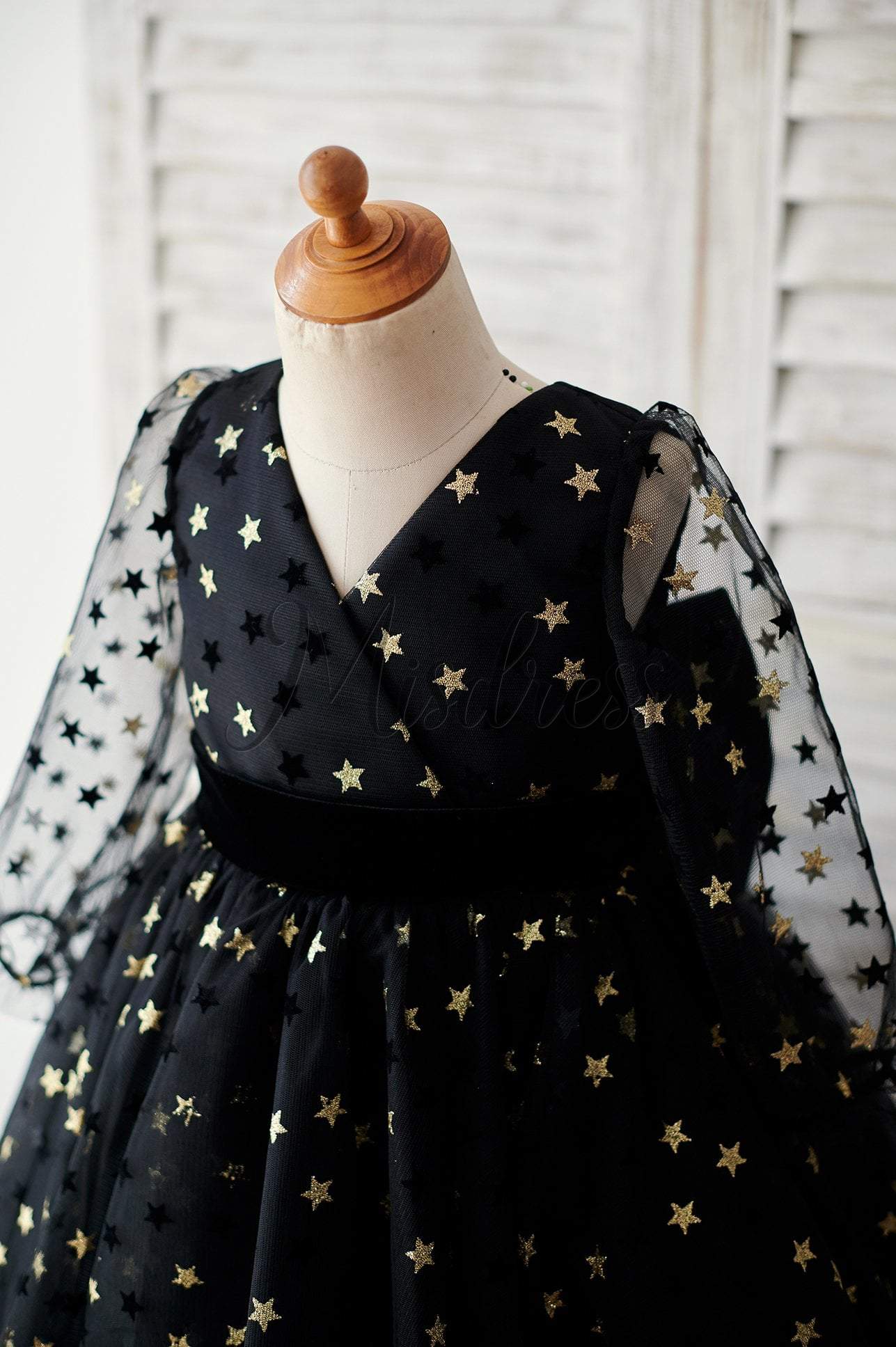 Black Gold Star Tulle V Back Long Sleeves Wedding Flower Girl Dress - Flower Girl Dresses