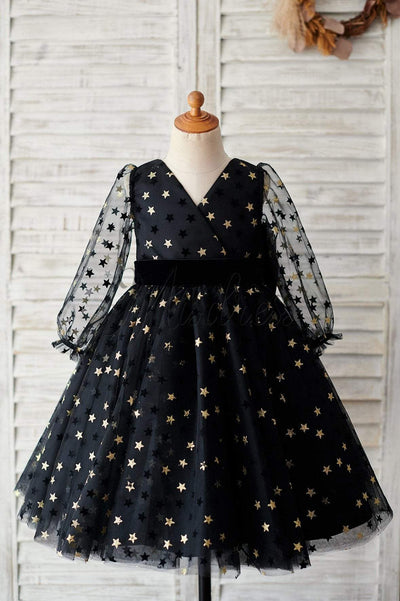 Black Gold Star Tulle V Back Long Sleeves Wedding Flower Girl Dress - Flower Girl Dresses