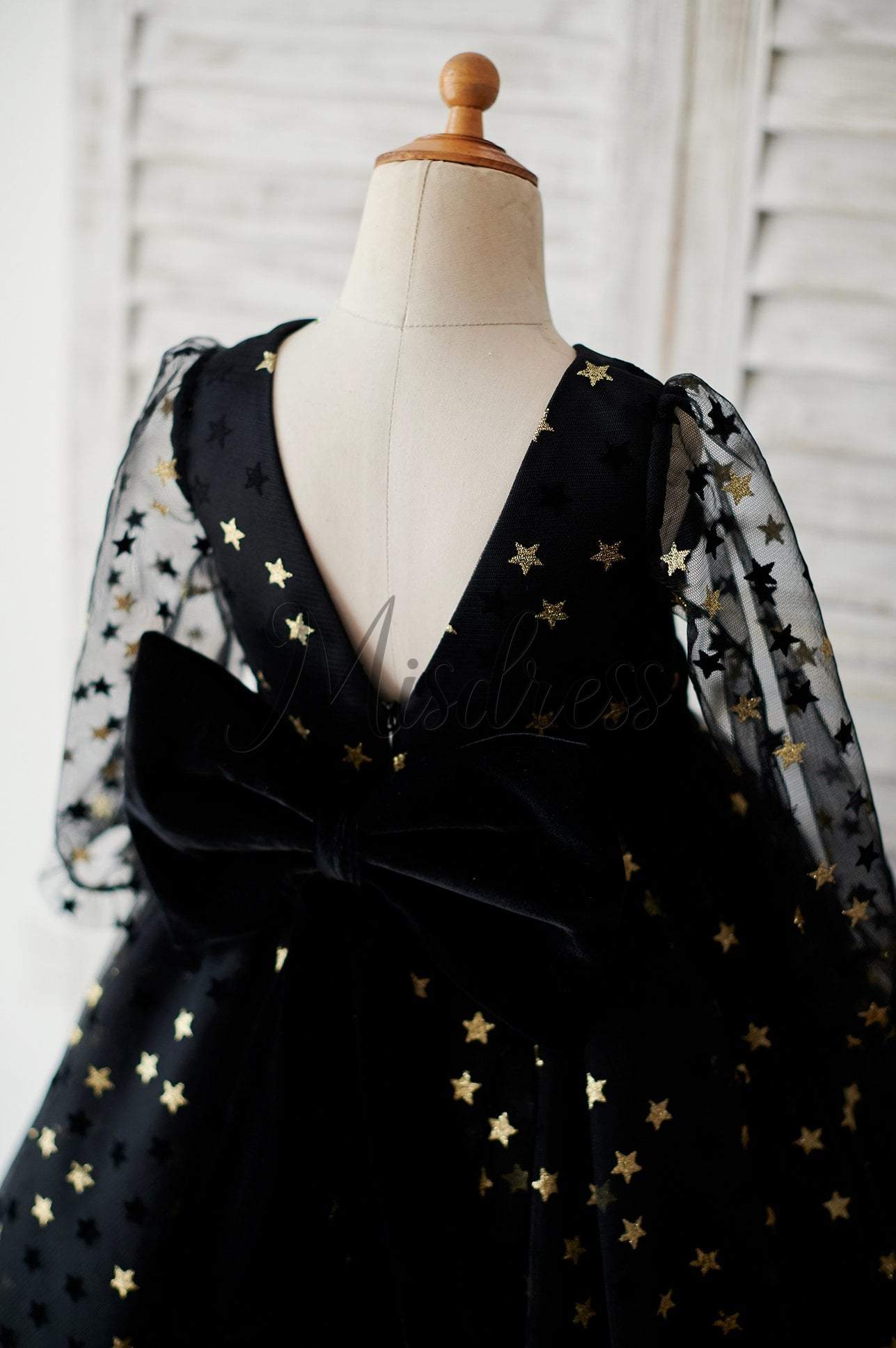 Black Gold Star Tulle V Back Long Sleeves Wedding Flower Girl Dress - Flower Girl Dresses