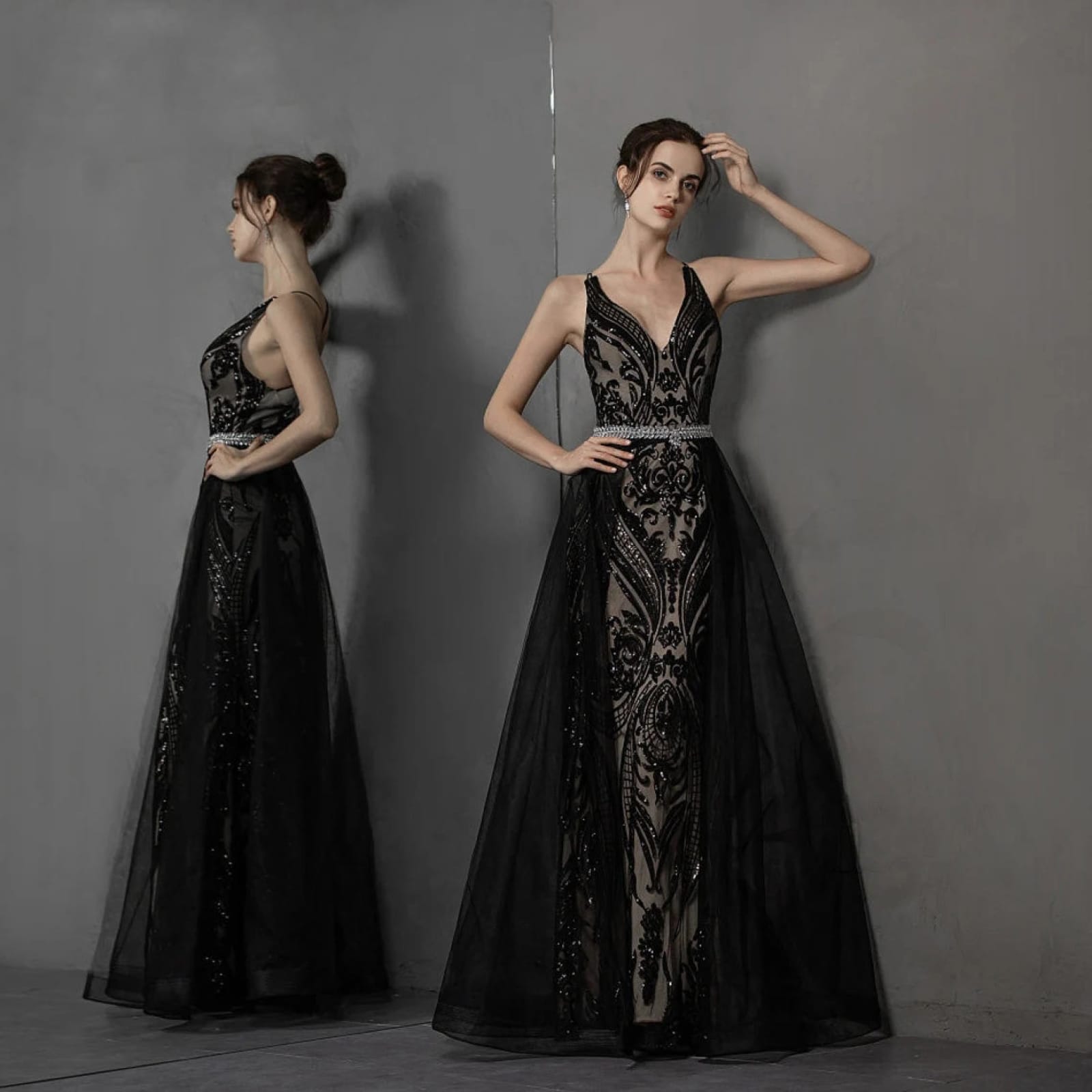 Black Goth Cross Back Lace Sequin Wedding Dress Detachable 