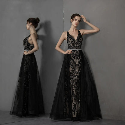 Black Goth Cross Back Lace Sequin Wedding Dress Detachable 