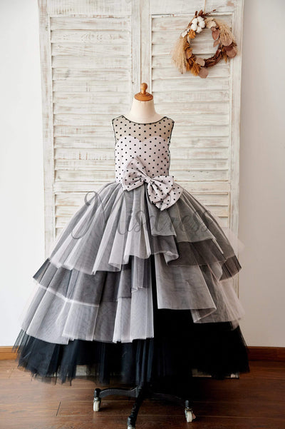 Black Polka Dots Tulle Corset Back Ball Gown Cupcake Wedding Flower Girl Dress - Flower Girl Dresses
