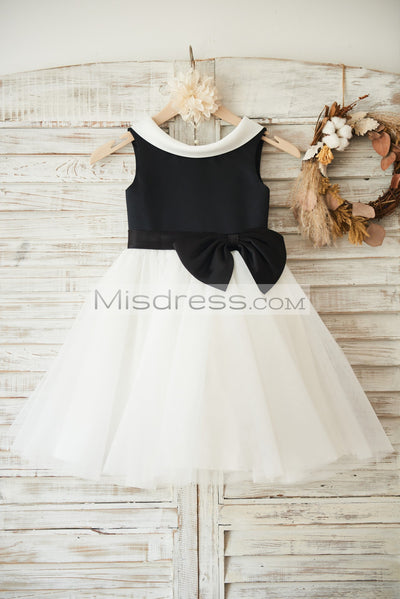 Black Satin Ivory Tulle Wedding Flower Girl Dress with V Back - Flower Girl Dresses