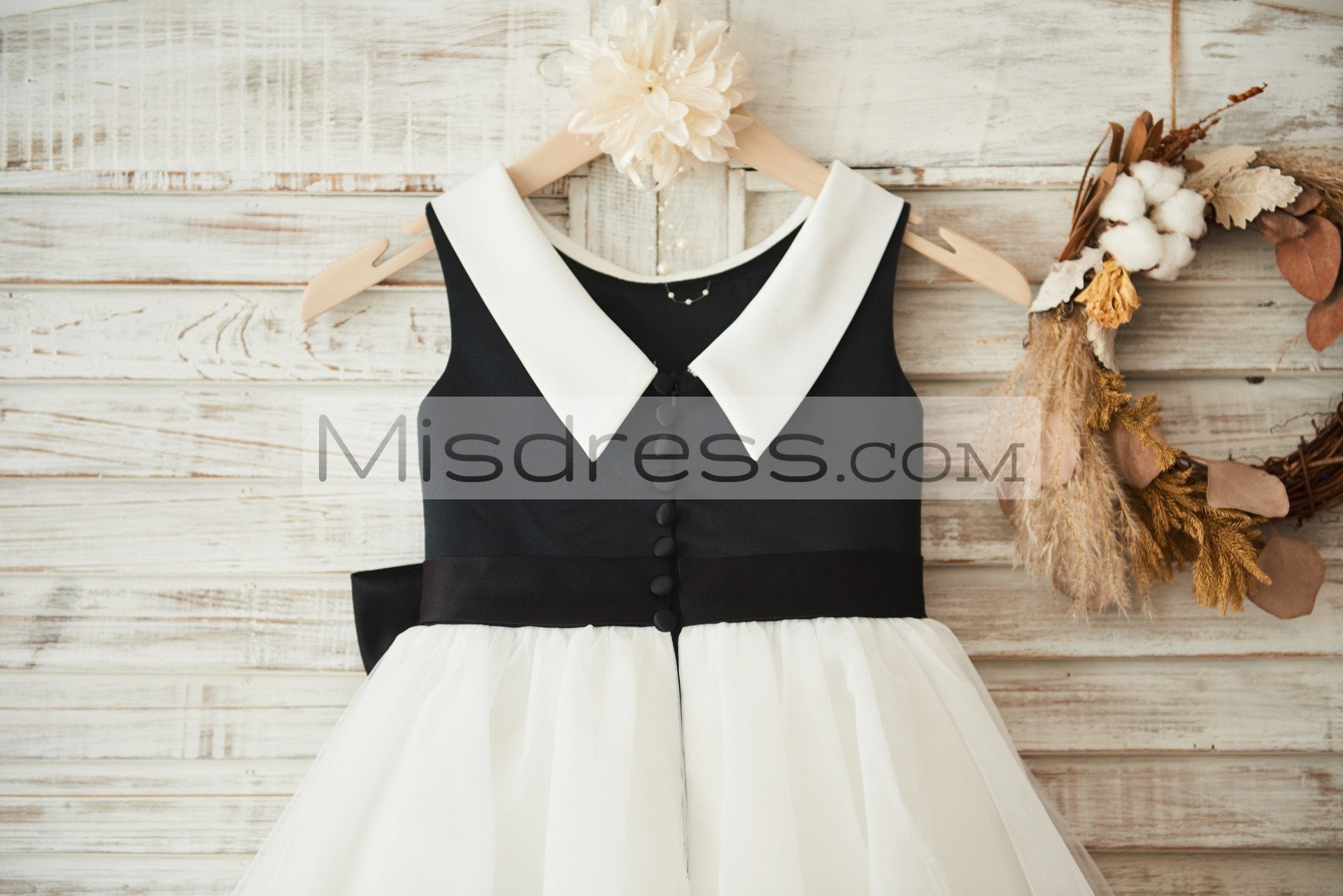 Black Satin Ivory Tulle Wedding Flower Girl Dress with V Back - Flower Girl Dresses