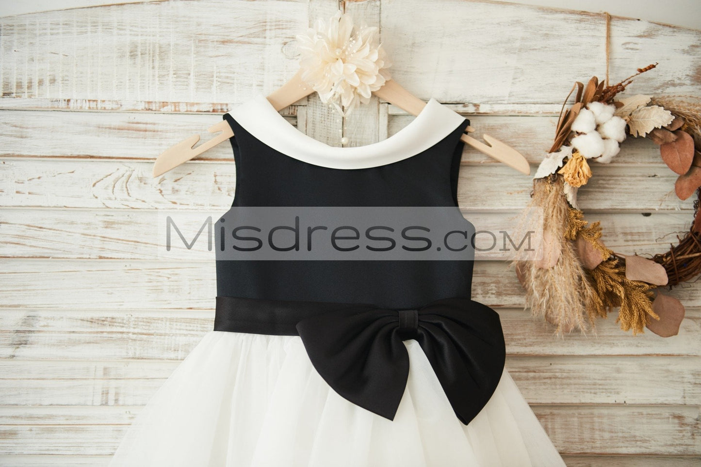 Black Satin Ivory Tulle Wedding Flower Girl Dress with V Back - Flower Girl Dresses