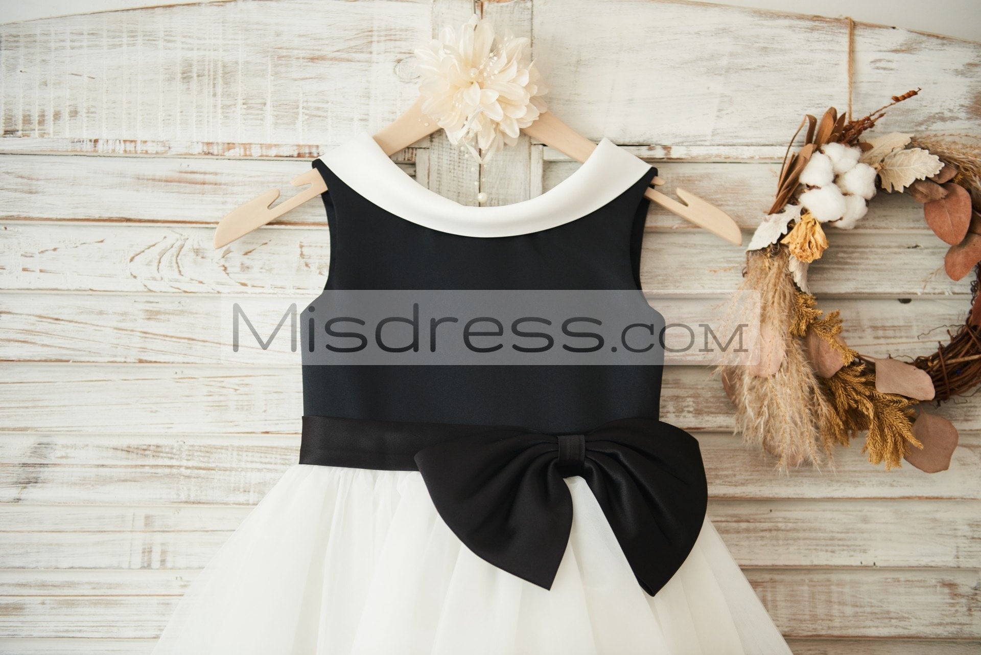 Black Satin Ivory Tulle Wedding Flower Girl Dress with V Back - Flower Girl Dresses