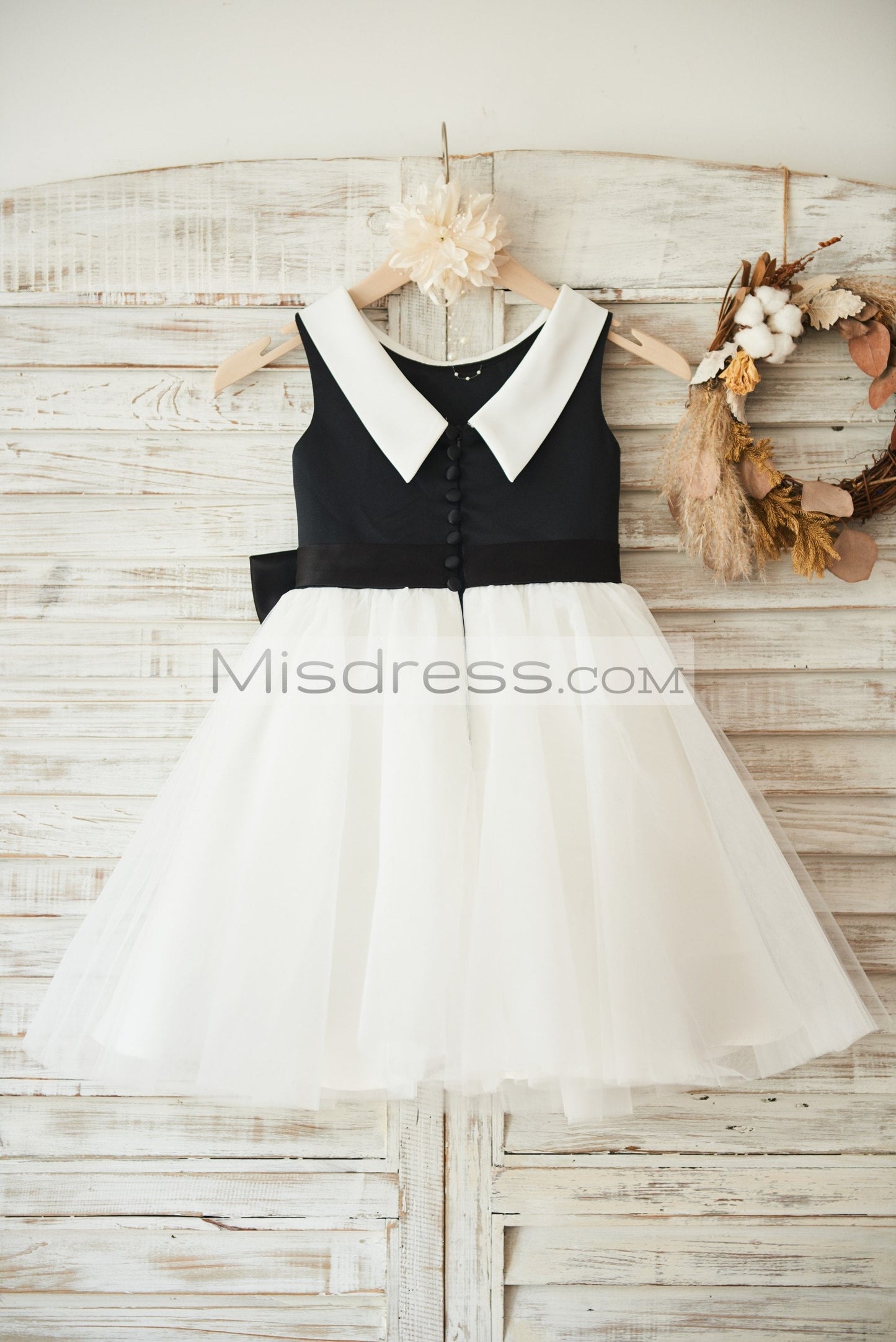 Black Satin Ivory Tulle Wedding Flower Girl Dress with V Back - Flower Girl Dresses