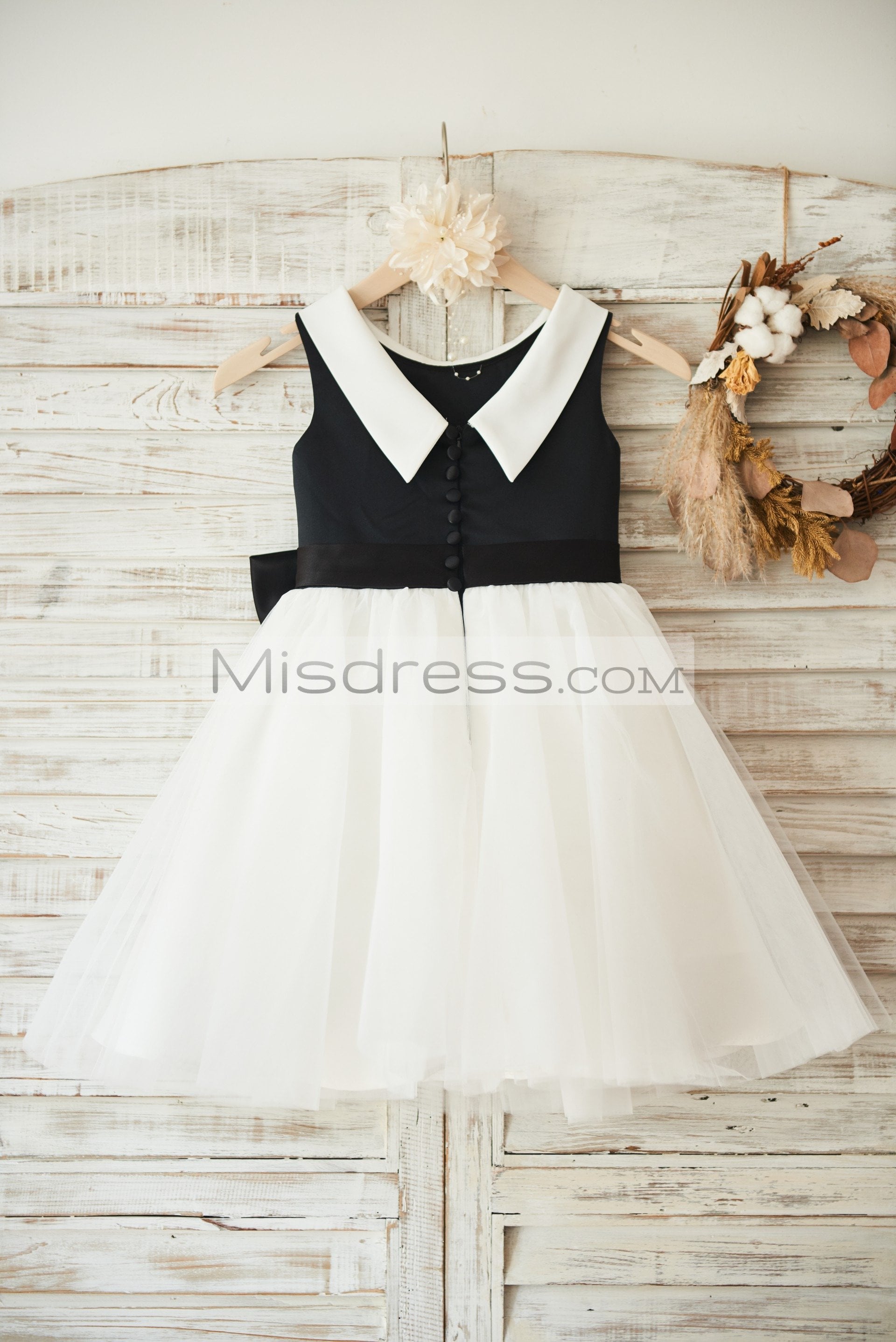 Black Satin Ivory Tulle Wedding Flower Girl Dress with V Back - Flower Girl Dresses