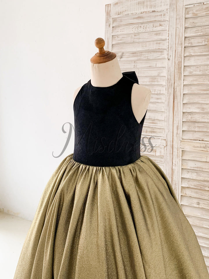Black Velvet Gold Jacquard Keyhole Back Wedding Party Flower Girl Dres