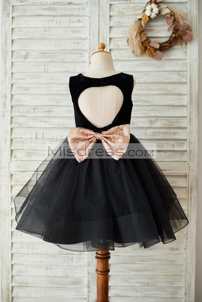 Black Velvet Tulle Keyhole Back Wedding Flower Girl Dress with Sequin Bow - Flower Girl Dresses