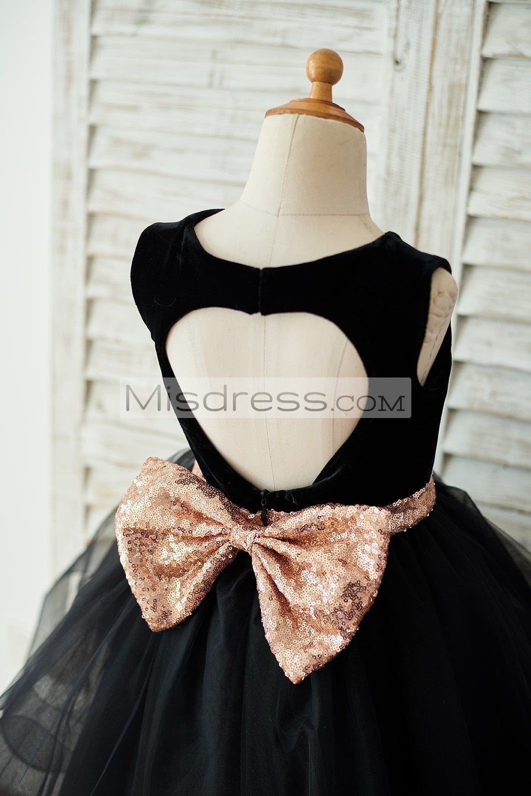 Black Velvet Tulle Keyhole Back Wedding Flower Girl Dress with Sequin Bow - Flower Girl Dresses