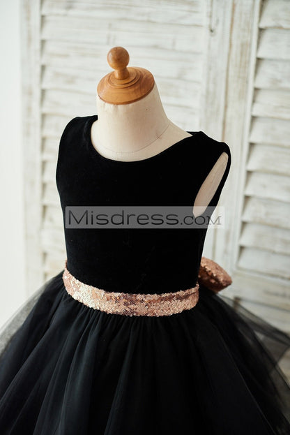 Black Velvet Tulle Keyhole Back Wedding Flower Girl Dress with Sequin Bow - Flower Girl Dresses