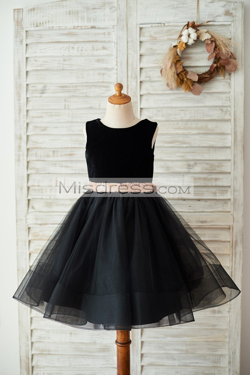 Black Velvet Tulle Keyhole Back Wedding Flower Girl Dress with Sequin Bow - Flower Girl Dresses