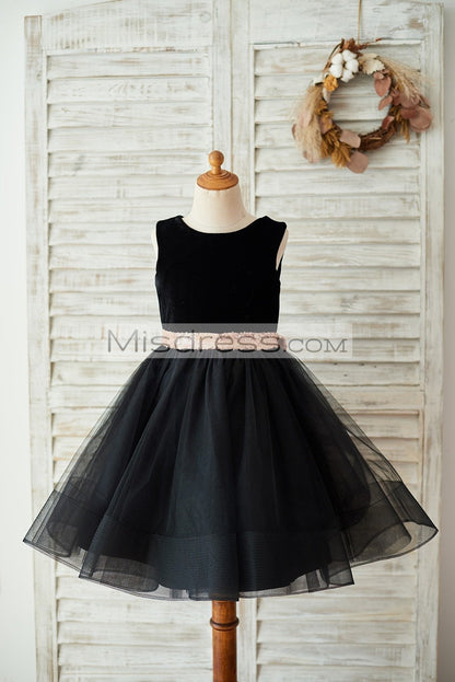 Black Velvet Tulle Keyhole Back Wedding Flower Girl Dress with Sequin Bow - Flower Girl Dresses