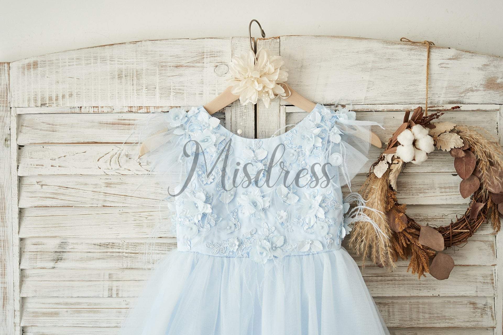 Blue Lace Tulle Cap Sleeves V Back Wedding Flower Girl Dress with Feathers - Flower Girl Dresses