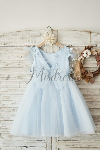 Blue Lace Tulle Cap Sleeves V Back Wedding Flower Girl Dress with Feathers - Flower Girl Dresses