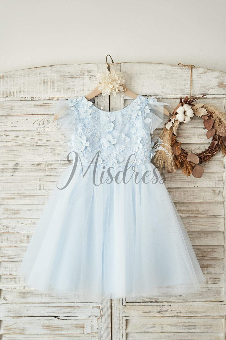 Blue Lace Tulle Cap Sleeves V Back Wedding Flower Girl Dress, Feathers 4T
