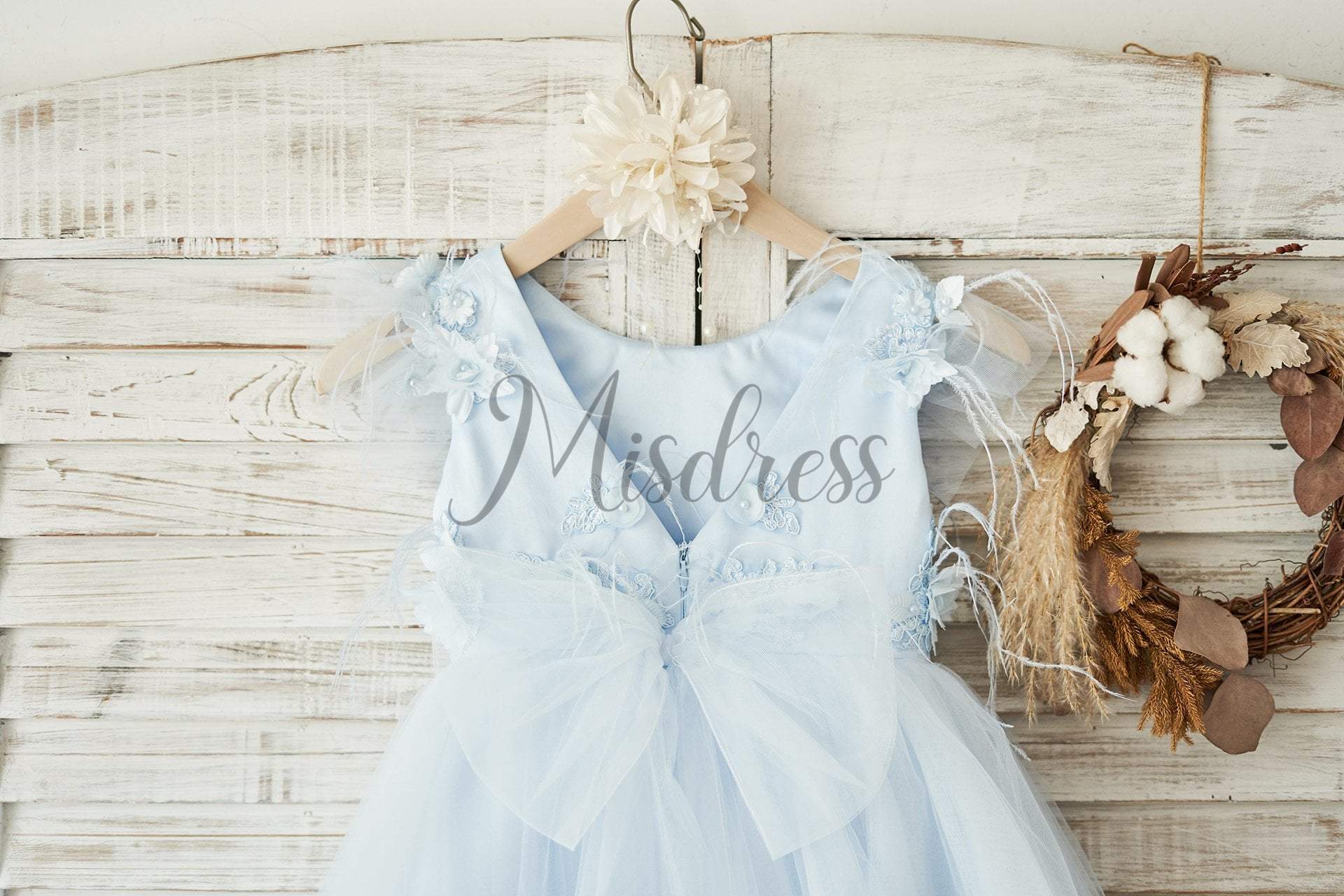 Blue Lace Tulle Cap Sleeves V Back Wedding Flower Girl Dress, Feathers