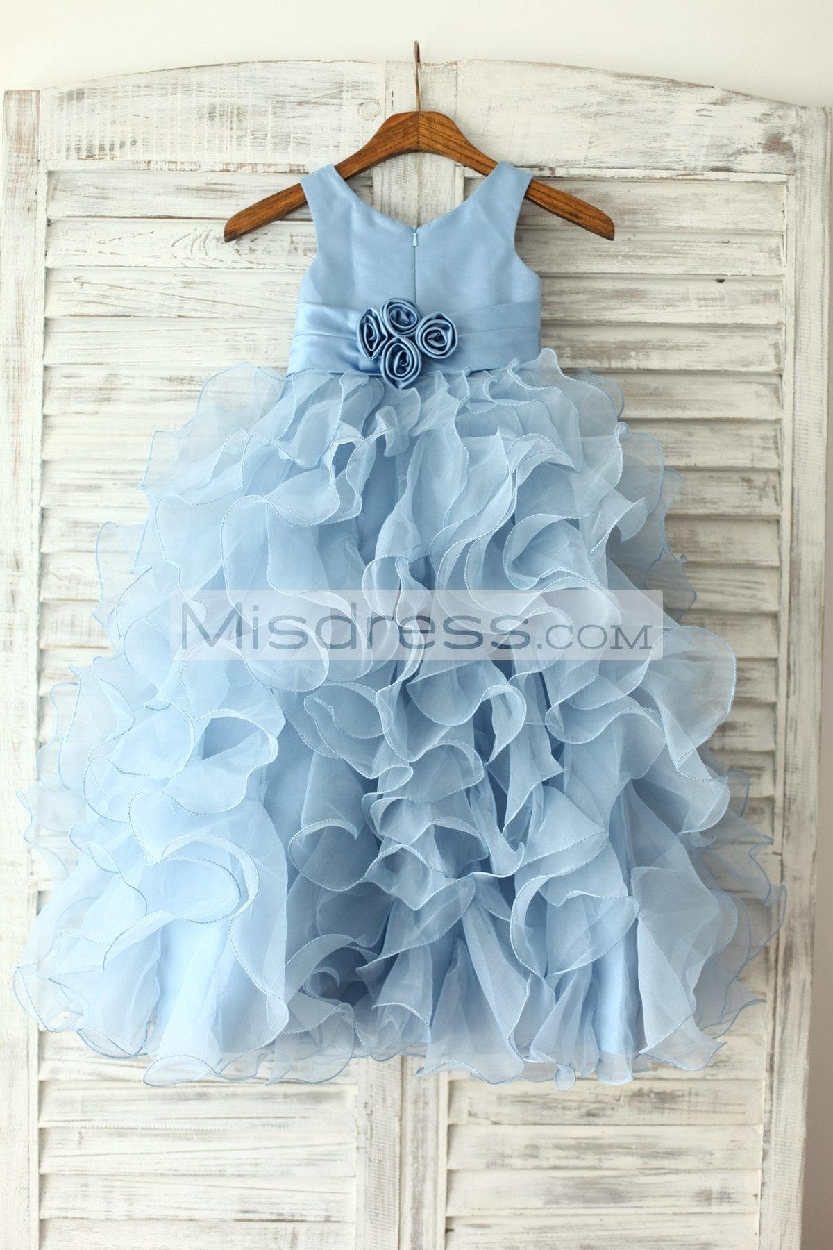 Blue Satin Ruffle Organza Skirt Princess Flower Girl Dress With Sash/flower - Flower Girl Dresses