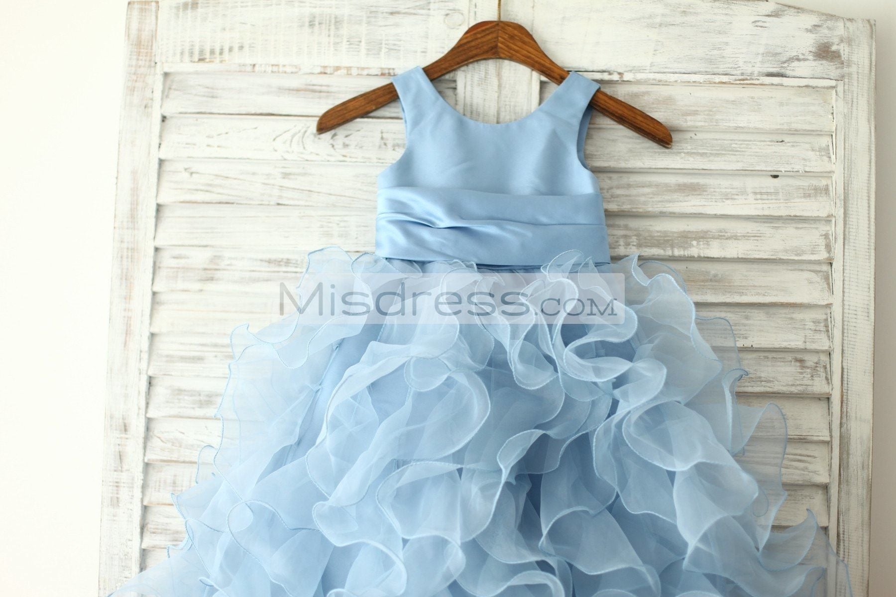 Blue Satin Ruffle Organza Skirt Princess Flower Girl Dress With Sash/flower - Flower Girl Dresses