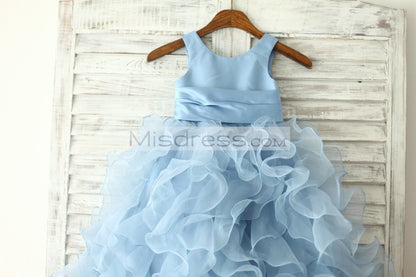 Blue Satin Ruffle Organza Skirt Princess Flower Girl Dress With Sash/flower - Flower Girl Dresses