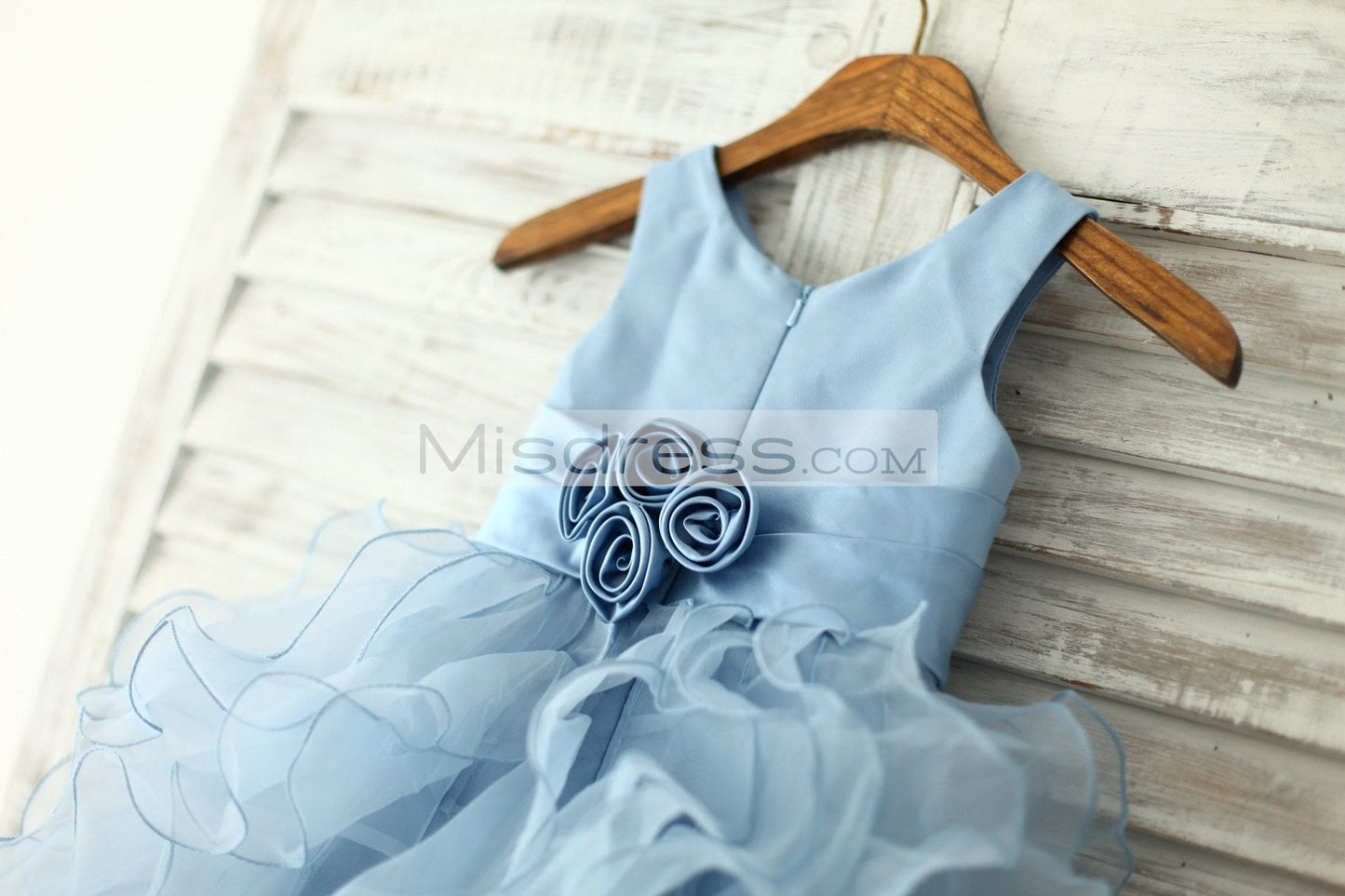 Blue Satin Ruffle Organza Skirt Princess Flower Girl Dress With Sash/flower - Flower Girl Dresses