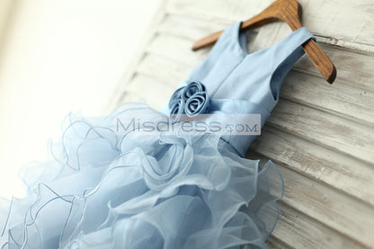 Blue Satin Ruffle Organza Skirt Princess Flower Girl Dress With Sash/flower - Flower Girl Dresses
